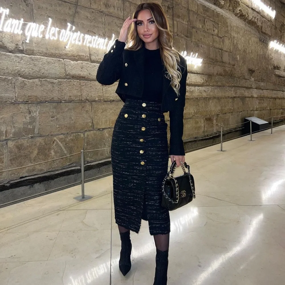 Zara Black Tweed Texture Gold Metallic Buttons Front Slit Midi Pencil Skirt - Picture 3 of 16